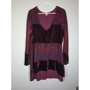Energy World Wear Maroon Velvet Patch Long Sleeve Paisley tunic V-neck Plus 2X